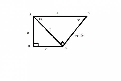 What is the value of y?  a right triangle has a vertical leg labeled square root of 2 with its oppos