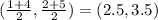 (\frac{1+4}{2} ,\frac{2+5}{2})=(2.5,3.5)