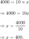 4000=10\times x\\\\\Rightarrow 4000=10x\\\\\Rightarrow x=\dfrac{4000}{10}\\\\\Rightarrow x=400.