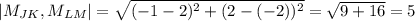 |M_{JK},M_{LM}|= \sqrt{ (-1-2)^{2} + (2-(-2))^{2} }= \sqrt{9+16}=5