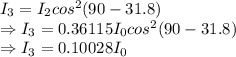 I_3=I_2cos^2(90-31.8)\\\Rightarrow I_3=0.36115I_0cos^2(90-31.8)\\\Rightarrow I_3=0.10028I_0