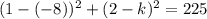 (1 - ( -8))^{2} + (2 - k)^{2} = 225