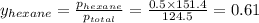 y_{hexane}=\frac{p_{hexane}}{p_{total}}=\frac{0.5\times 151.4}{124.5}=0.61