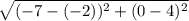 \sqrt{ (-7-(-2))^{2} + (0-4)^{2} }