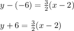\begin{array}{l}{y-(-6)=\frac{3}{2}(x-2)} \\\\ {y+6=\frac{3}{2}(x-2)}\end{array}