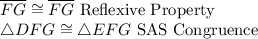 \overline{FG} \cong \overline{FG}\ \textrm{Reflexive Property}\\\triangle DFG \cong \triangle EFG\ \textrm {SAS Congruence}