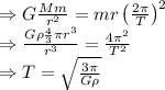 \\\Rightarrow G\frac{Mm}{r^2}=mr\left(\frac{2\pi}{T}\right)^2\\\Rightarrow \frac{G\rho \frac{4}{3}\pi r^3}{r^3}=\frac{4\pi^2}{T^2}\\\Rightarrow T=\sqrt{\frac{3\pi}{G\rho}}
