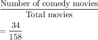 \dfrac{\text{Number of comedy movies}}{\text{Total movies}}\\\\=\dfrac{34}{158}