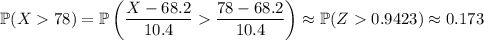 \mathbb P(X78)=\mathbb P\left(\dfrac{X-68.2}{10.4}\dfrac{78-68.2}{10.4}\right)\approx\mathbb P(Z0.9423)\approx0.173