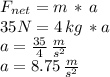 F_{net}=m\,*\,a\\35 N = 4\,kg\,*a\\a=\frac{35}{4} \,\frac{m}{s^2} \\a=8.75\, \frac{m}{s^2}