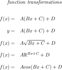 \bf \qquad  \textit{function transformations}&#10;\\ \quad \\&#10;&#10;\begin{array}{rllll}&#10;% left side templates&#10;f(x)=&{{  A}}({{  B}}x+{{  C}})+{{  D}}&#10;\\ \quad \\&#10;y=&{{  A}}({{  B}}x+{{  C}})+{{  D}}&#10;\\ \quad \\&#10;f(x)=&{{  A}}\sqrt{{{  B}}x+{{  C}}}+{{  D}}&#10;\\ \quad \\&#10;f(x)=&{{  A}}\mathbb{R}^{{{  B}}x+{{  C}}}+{{  D}}&#10;\\\\&#10;f(x)=&Acos(Bx+C)+D&#10;\end{array}