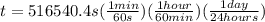 t = 516540.4s( \frac{1min}{60s})(\frac{1hour}{60min})(\frac{1 day}{24hours})