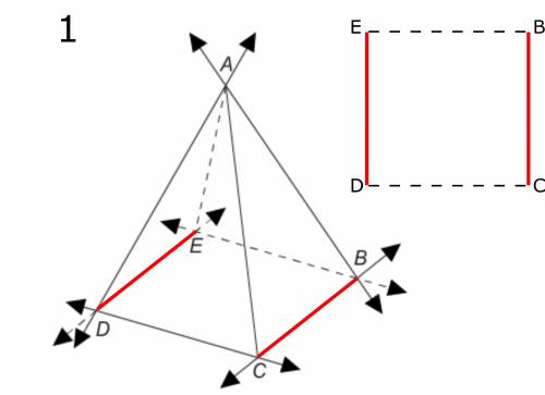 Which lines are parallel in the square pyramid?  select each correct answer.  bc←→  and de←→ cd←→ an