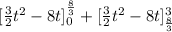 [\frac{3}{2}t^2-8t]_0^{\frac{8}{3}} +[\frac{3}{2}t^2-8t]^3_{\frac{8}{3}}