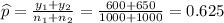 \widehat{p}=\frac{y_1+y_2}{n_1+n_2} =\frac{600+650}{1000+1000}=0.625
