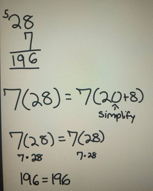 Find the product of 7 and 28. use place value and the distributive property to rewrite the product.