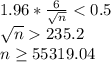 1.96*\frac{6}{\sqrt{n} } 235.2\\n \geq 55319.04
