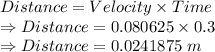 Distance=Velocity\times Time\\\Rightarrow Distance=0.080625\times 0.3\\\Rightarrow Distance=0.0241875\ m