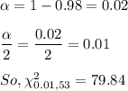 \alpha =1-0.98=0.02\\\\\dfrac{\alpha }{2}=\dfrac{0.02}{2}=0.01\\\\So, \chi^2_{0.01,53}=79.84