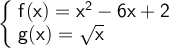 \large\begin{array}{l} \left\{\!\begin{array}{l} \mathsf{f(x)=x^2-6x+2}\\ \mathsf{g(x)=\sqrt{x}}\\ \end{array}\right. \end{array}