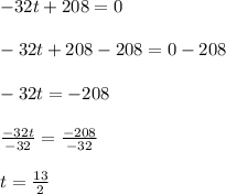 -32t+208=0\\\\-32t+208-208=0-208\\\\-32t=-208\\\\\frac{-32t}{-32}=\frac{-208}{-32}\\\\t=\frac{13}{2}