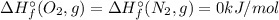 \Delta H_{f}^{\circ} (O_{2}, g) = \Delta H_{f}^{\circ} (N_{2}, g)= 0 kJ/mol