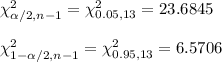 \chi^2_{\alpha/2, n-1}=\chi^2_{0.05,13}=23.6845\\\\\chi^2_{1-\alpha/2, n-1}=\chi^2_{0.95,13}=6.5706