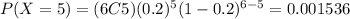 P(X=5)=(6C5)(0.2)^5 (1-0.2)^{6-5}=0.001536