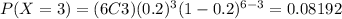 P(X=3)=(6C3)(0.2)^3 (1-0.2)^{6-3}=0.08192