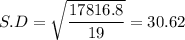 S.D = \sqrt{\displaystyle\frac{17816.8}{19}} = 30.62