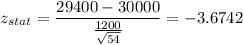 z_{stat} = \displaystyle\frac{29400 - 30000}{\frac{1200}{\sqrt{54}} } = -3.6742