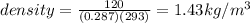density=\frac{120}{(0.287)(293)}=1.43kg/m^3