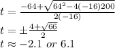 t=\frac{-64+\sqrt{64^2-4\left(-16\right)200}}{2\left(-16\right)}\\t=\pm\frac{4+\sqrt{66}}{2}\\t\approx-2.1\ or\ 6.1