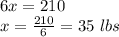 6x=210\\x=\frac{210}{6}=35\ lbs