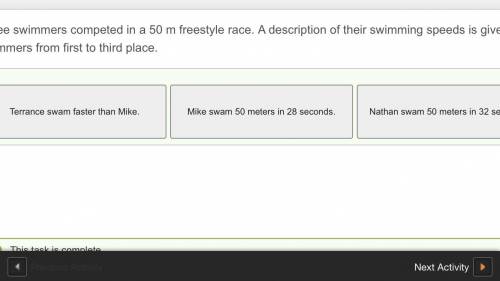 Three swimmers competed in the 50 m freestyle race i description of their swimmi speed is given orde