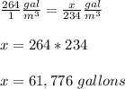 \frac{264}{1}\frac{gal}{m^{3}}=\frac{x}{234}\frac{gal}{m^{3}} \\ \\x=264*234\\ \\x= 61,776\ gallons