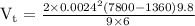 \mathrm{V}_{\mathrm{t}}=\frac{2 \times 0.0024^{2}(7800-1360) 9.8}{9 \times 6}