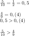 \frac{5}{10}=\frac{1}{2}=0,5\\  \\\frac{4}{9}=0,(4) \\0,5  0,(4)\\\\\frac{5}{10}\frac{4}{9}