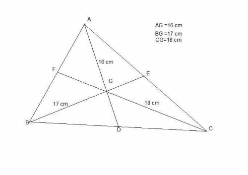 The distance from the centroid of a triangle to its vertices are 16cm, 17cm, and 18cm. what is the l