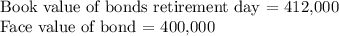 \text{Book value of bonds retirement day = 412,000}\\\text{Face value of bond = 400,000}