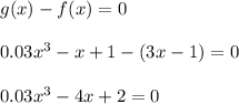g(x)-f(x)=0\\\\0.03x^3-x+1-(3x-1)=0\\\\0.03x^3-4x+2=0