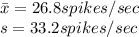 \bar x = 26.8 spikes/sec\\s= 33.2 spikes/sec
