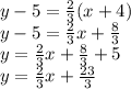 y - 5 = \frac{2}{3}(x+4)\\y - 5 = \frac{2}{3}x +\frac{8}{3}\\y = \frac{2}{3}x + \frac{8}{3} + 5\\y = \frac{2}{3}x + \frac{23}{3}