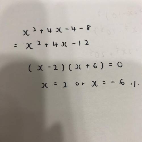 Solve for x in the equation x2 + 4x-4-8. x=-6 or x = 2 x=-2+2 v2 x=-2 or x = 6 x=2+2.3