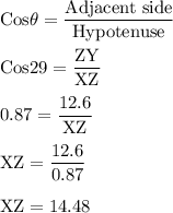 \rm Cos\theta = \dfrac{Adjacent \ side}{Hypotenuse}\\\\Cos29 = \dfrac{ZY}{XZ}\\\\0.87 = \dfrac{12.6}{XZ}\\\\XZ = \dfrac{12.6}{0.87}\\\\XZ = 14.48