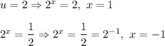u=2\Rightarrow 2^x=2,\ x=1\\ \\2^x=\dfrac{1}{2}\Rightarrow 2^x=\dfrac{1}{2}=2^{-1},\ x=-1