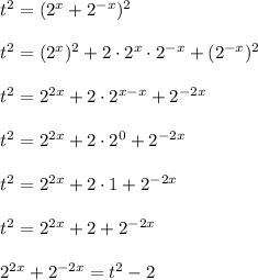 t^2=(2^x+2^{-x})^2\\ \\t^2=(2^{x})^2+2\cdot 2^x\cdot 2^{-x}+(2^{-x})^2\\ \\t^2=2^{2x}+2\cdot 2^{x-x}+2^{-2x}\\ \\t^2=2^{2x}+2\cdot 2^0+2^{-2x}\\ \\t^2=2^{2x}+2\cdot 1+2^{-2x}\\ \\t^2=2^{2x}+2+2^{-2x}\\ \\2^{2x}+2^{-2x}=t^2-2