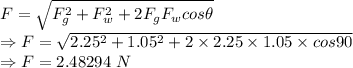 F=\sqrt{F_g^2+F_w^2+2F_gF_wcos\theta}\\\Rightarrow F=\sqrt{2.25^2+1.05^2+2\times 2.25\times 1.05\times cos90}\\\Rightarrow F=2.48294\ N