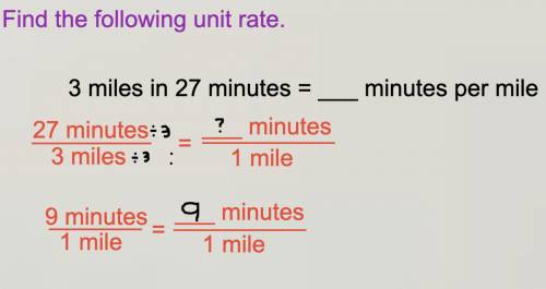 Peter jogs 3 miles in 27 minutes. find the unit rate in minutes per mile.
