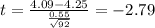 t=\frac{4.09-4.25}{\frac{0.55}{\sqrt{92}}}=-2.79